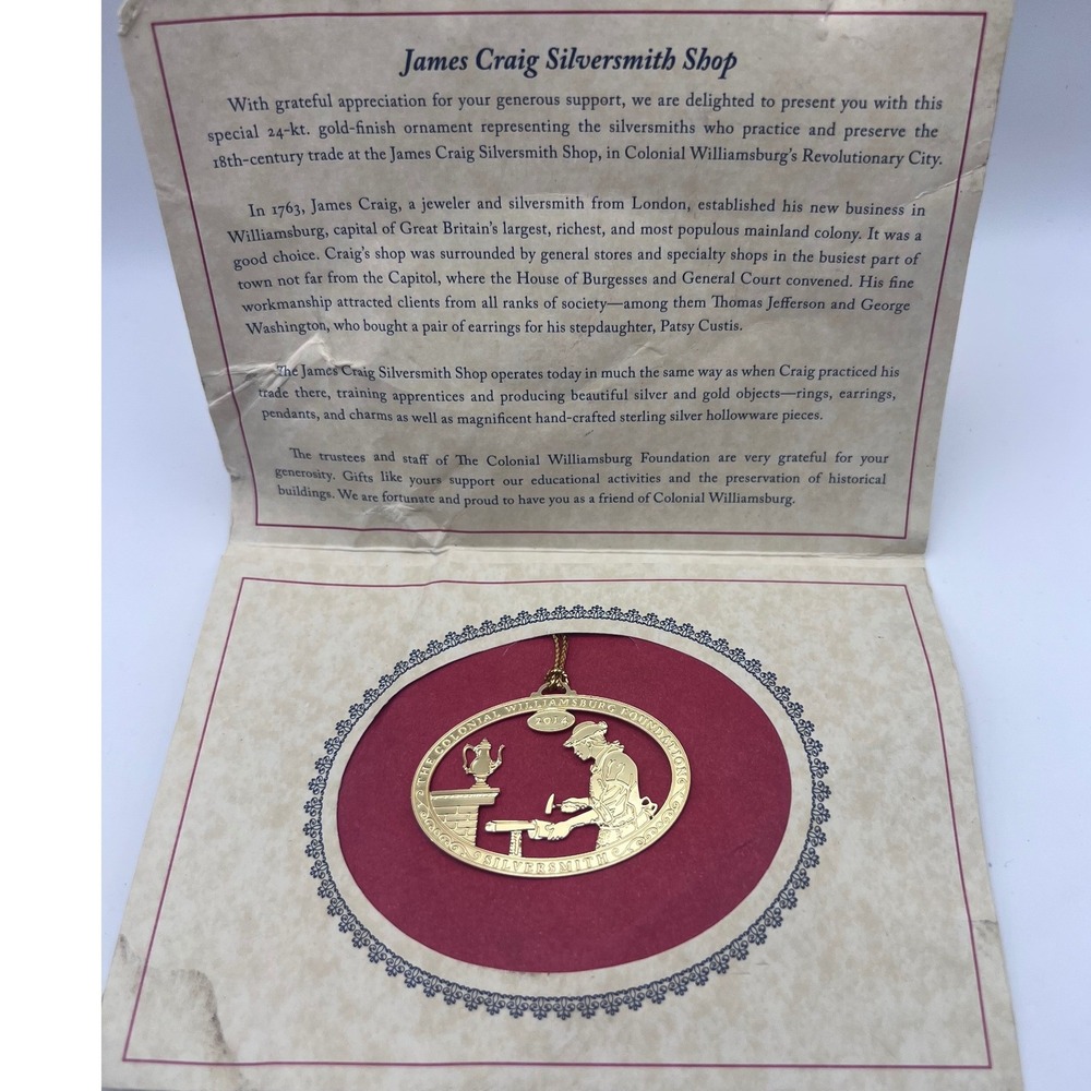 Colonial Williamsburg 2014 Gold Finish Ornament James Craig Silversmith Shop